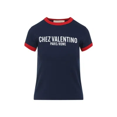 Valentino Crew Neck Cotton T-shirt With Contrast Trim In Blue