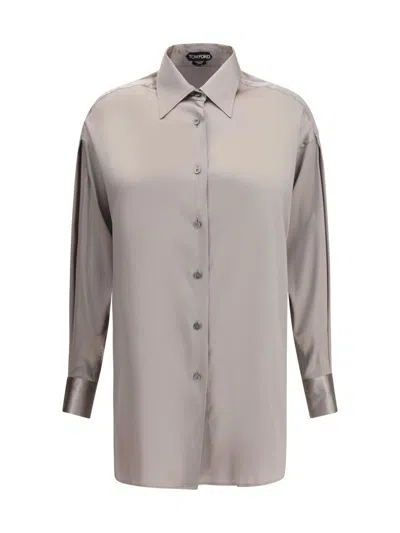 Tom Ford Collared Neck Long Sleeves Pleated Back Top In Brown