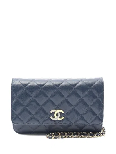 Pre-owned Chanel 2021 Caviar-leather Chain Wallet In Blue
