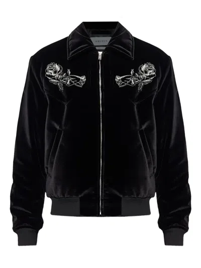 Alexander Mcqueen Mcqueen Soho Embroidered Velveteen Bomber Jacket In Black