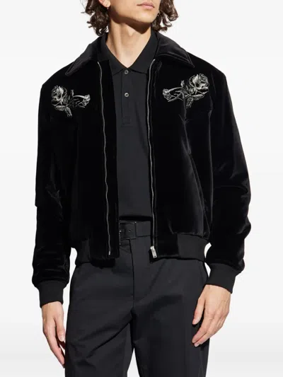 Alexander Mcqueen Mcqueen Soho Embroidered Velveteen Bomber Jacket In Black