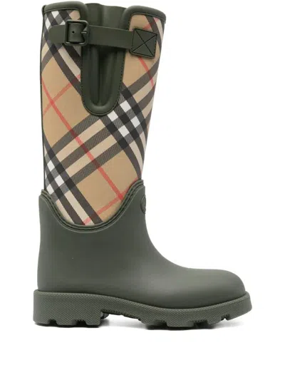 Burberry Check Pattern Knee-high Rubber Sole Boots In Green