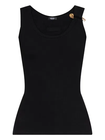 Versace Safety Pin Ribbed Tank Top Clothing In Black