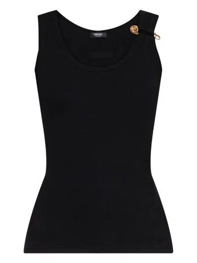 Versace Safety Pin Ribbed Tank Top Clothing In Black