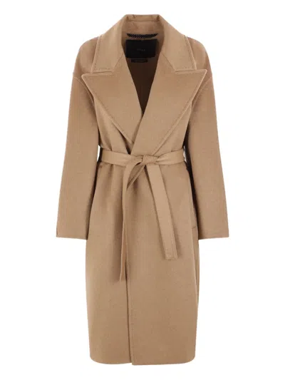Max Mara Belted Waist Hooded Jacket Pockets In Brown