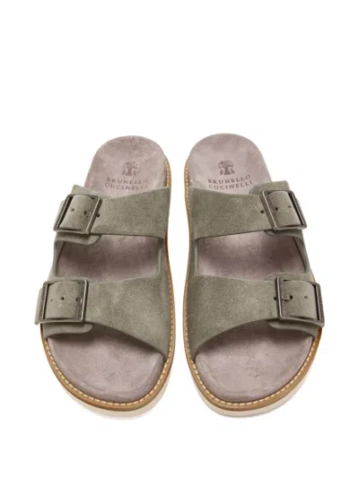 Brunello Cucinelli Double-buckle Suede Sandals In Green