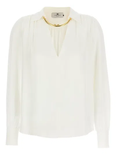 Elisabetta Franchi Pleated Shoulder Long Sleeve Shirt With Gold Hardware In White