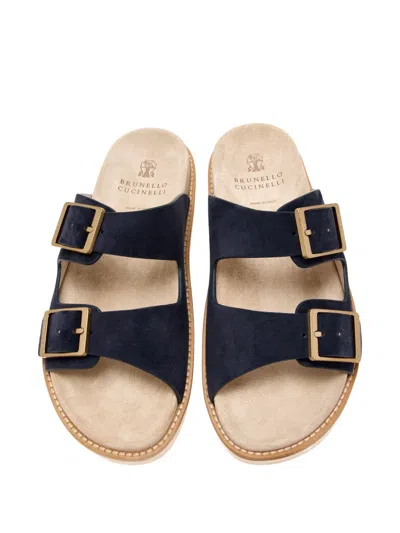 Brunello Cucinelli Double-buckle Suede Sandals In Blue