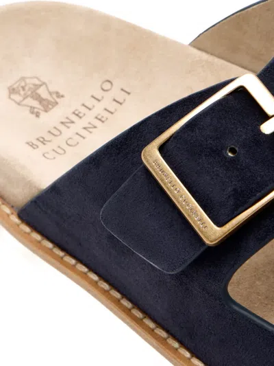 Brunello Cucinelli Double-buckle Suede Sandals In Blue