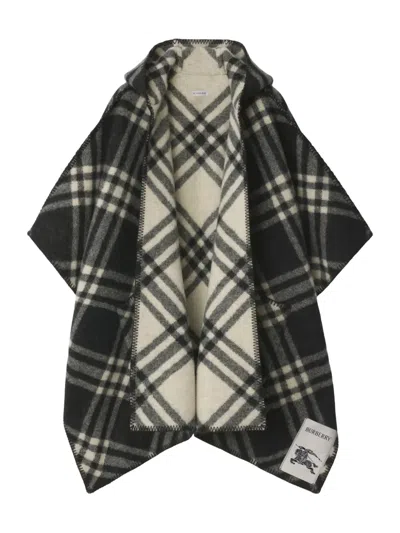 Burberry Hooded Check Wool Cape In Black