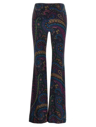 Etro Blue Flared Pants With All-over Paisley Print In Velvet Woman In Blue