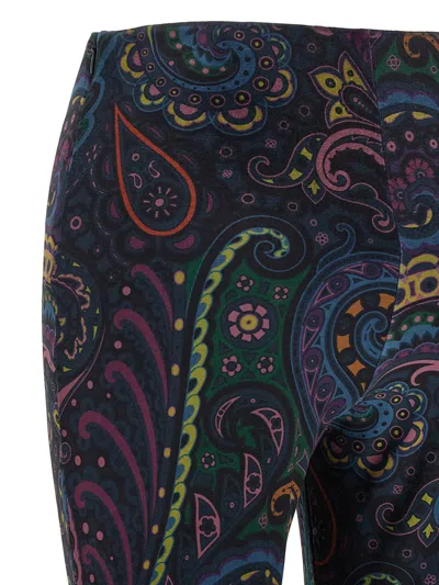 Etro Blue Flared Pants With All-over Paisley Print In Velvet Woman In Blue