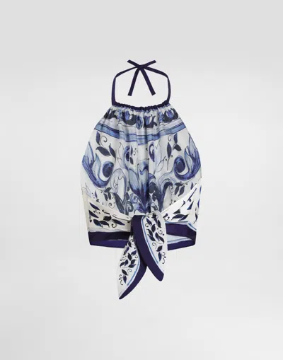 Dolce & Gabbana Majolica-print Silk Top In Blue