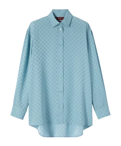 Gucci Silk Shirt With Monogram Motif In Blue