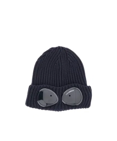 C.p. Company Cable Knit Beanie With Folded Brim And Goggle In Blue
