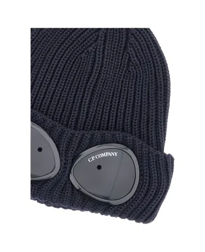 C.p. Company Cable Knit Beanie With Folded Brim And Goggle In Blue