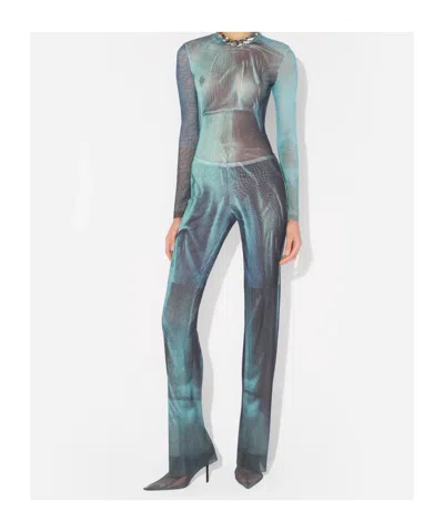Jean Paul Gaultier Printed Flared-leg Mesh Trousers In Blue