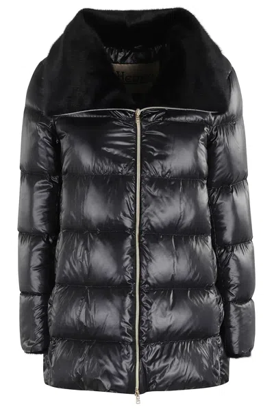 Herno A Shape Ultralight Down Jacket With Eco Fur Collar In Black