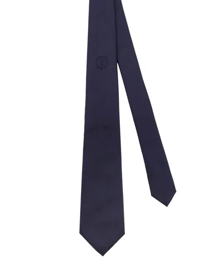 Giorgio Armani Silk Tie With 8cm Width And Monogram Detail In Blue