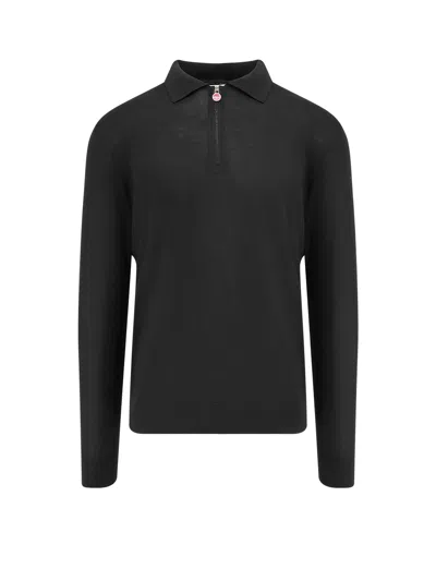 Kiton Wool Long Sleeve Polo With Ribbed Cuffs And Hem In Black