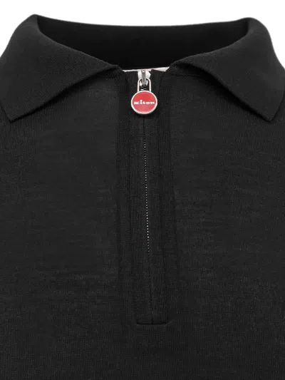 Kiton Wool Long Sleeve Polo With Ribbed Cuffs And Hem In Black