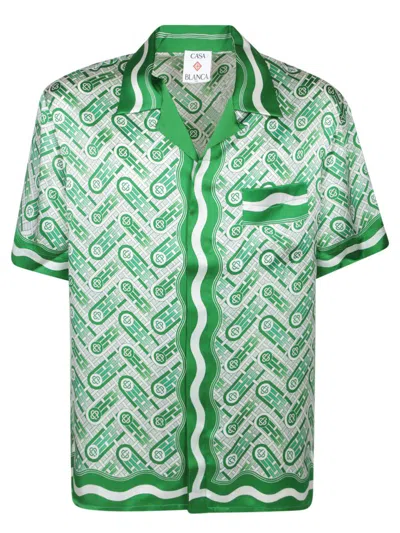 Casablanca Mens Green Ping Pong Ping Pong Monogram Cuban-collar Short-sleeve Silk Shirt In Green
