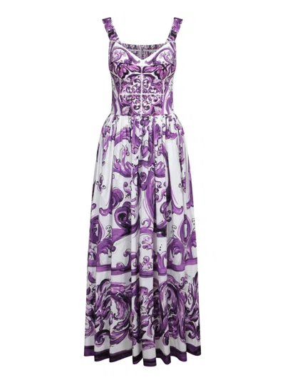 Dolce & Gabbana Dress With Purple Majolica Print In Cotton Poplin In Multi