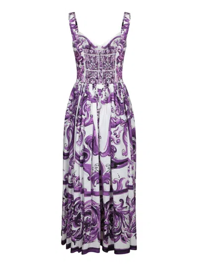 Dolce & Gabbana Dress With Purple Majolica Print In Cotton Poplin In Multi