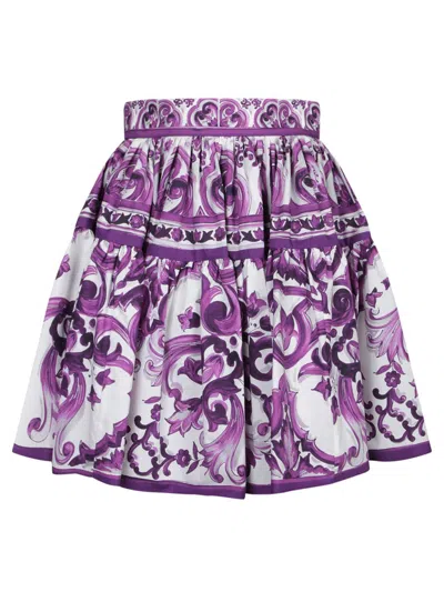 Dolce & Gabbana Violet Pleated Miniskirt With Rear Zip Closure And All-over Graphic Print In Multi