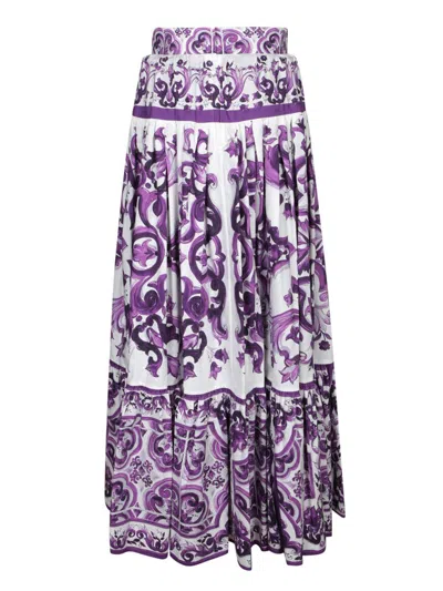 Dolce & Gabbana Violet Long Skirt With Ruffle Hem And All-over Floral Motif In Cotton Woman In Purple