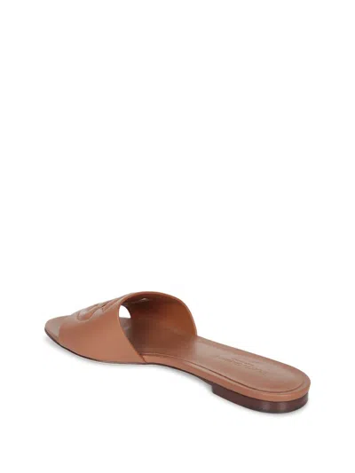 Dolce & Gabbana Slide Sandals With Cut Out Logo In Leather Woman In Brown