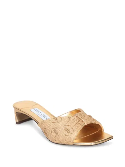 Jimmy Choo Annika 35 Metallic Raffia-jacquard Mules In Gold