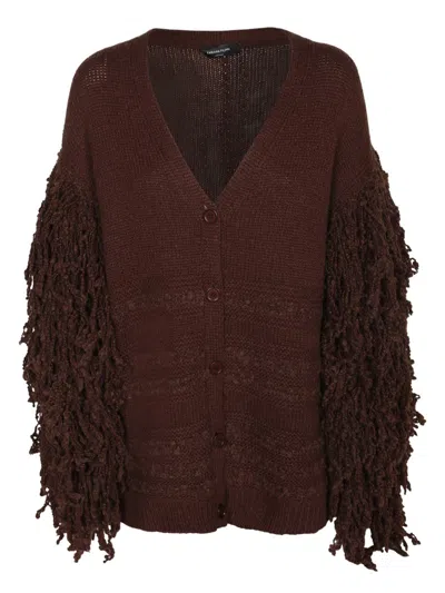 Fabiana Filippi Fringed Knit Cardigan Ribbed Hem In Brown