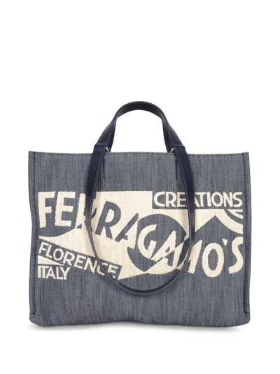 Ferragamo Medium Venna Logo-embroidered Tote Bag In Blue