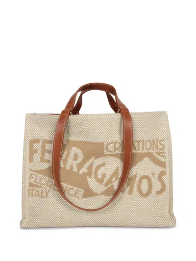 Ferragamo Medium Jacquard Canvas Tote Bag In Neutral