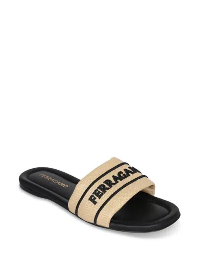 Ferragamo Nappa Raffia Black Sandals In Multi
