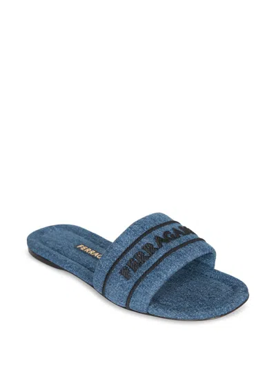 Ferragamo Slider Sandals Featuring A Denim Strap In Blue