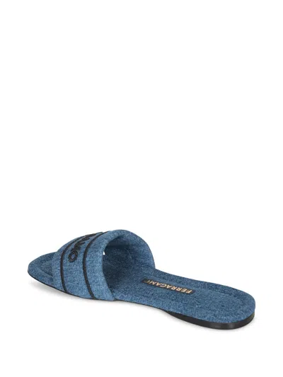 Ferragamo Slider Sandals Featuring A Denim Strap In Blue