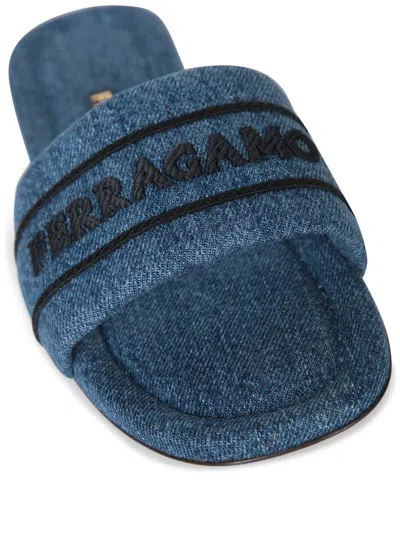 Ferragamo Slider Sandals Featuring A Denim Strap In Blue