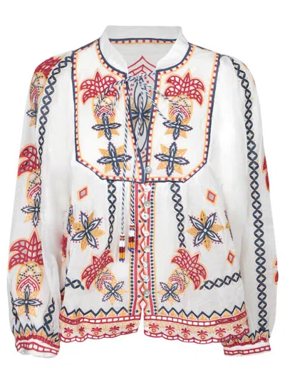 Farm Rio Blusa 'marys' Con Scollatura Alta E Ricami Colorati All-over In White