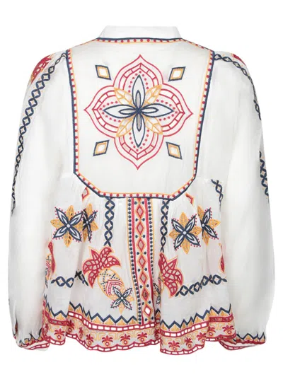 Farm Rio Blusa 'marys' Con Scollatura Alta E Ricami Colorati All-over In White