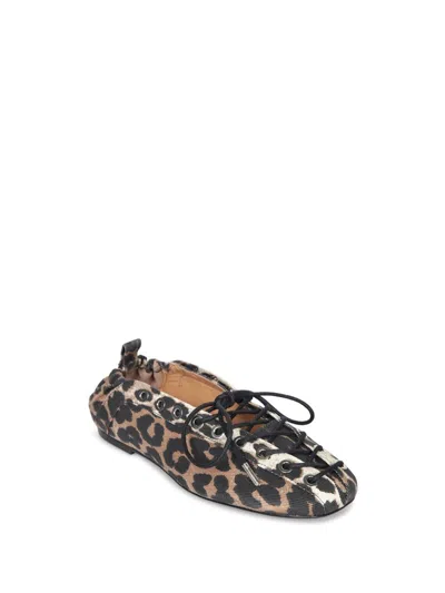 Ganni Denim Print Lace-up Ballerina Flats With Leopard Pattern In Animal Print