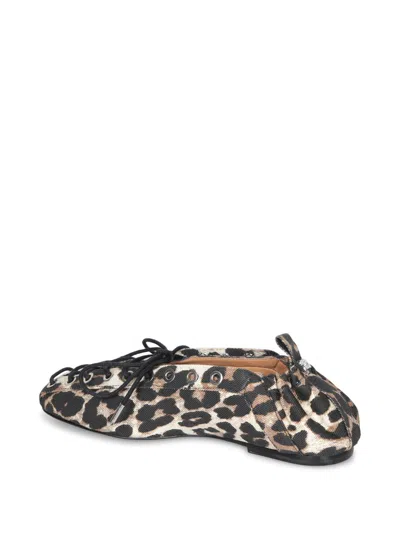 Ganni Denim Print Lace-up Ballerina Flats With Leopard Pattern In Animal Print