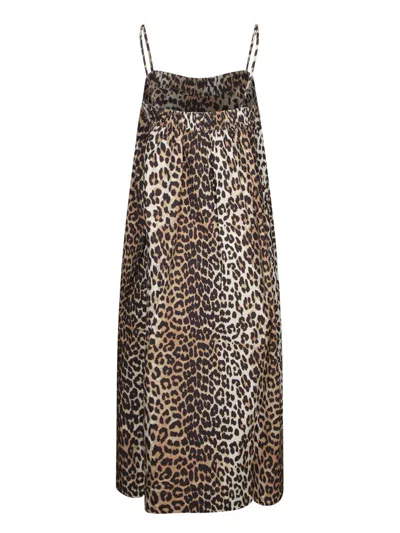 Ganni Leopard Print Cotton Midi Dress In Animal Print