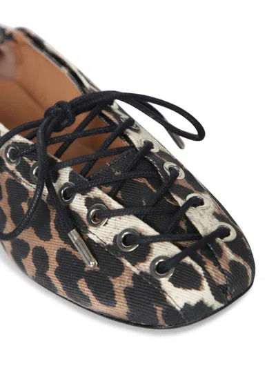 Ganni Denim Print Lace-up Ballerina Flats With Leopard Pattern In Animal Print