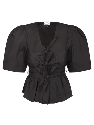 Ganni Cotton Top With Bow Detailing And Peplum Hem In Black