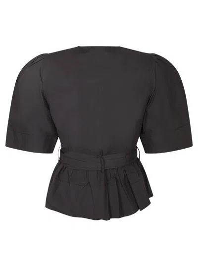 Ganni Cotton Top With Bow Detailing And Peplum Hem In Black