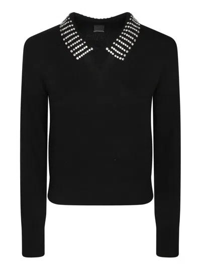 Pinko Classic Black Sweater With Embellished Collar And Ribbed Hem In Black