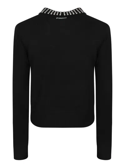 Pinko Classic Black Sweater With Embellished Collar And Ribbed Hem In Black