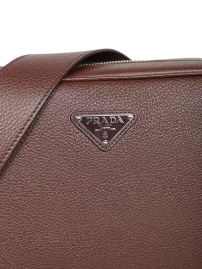 Prada Triangle Logo Leather Messenger Bag In Black